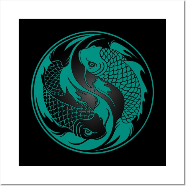 Teal Blue and Black Yin Yang Koi Fish Wall Art by jeffbartels